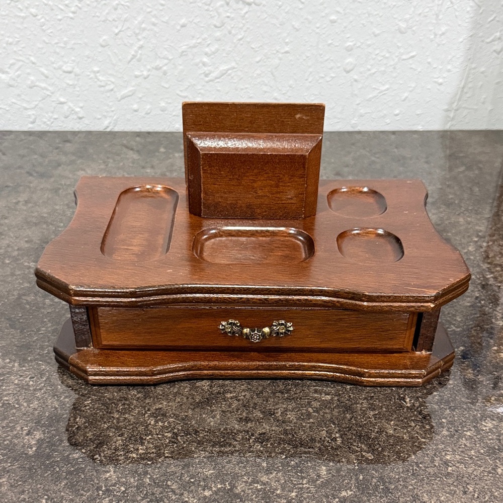 Vintage Wooden Valet Jewelry Box Organizer Drawer Velvet Wallet Mid-Century - Picture 1 of 11